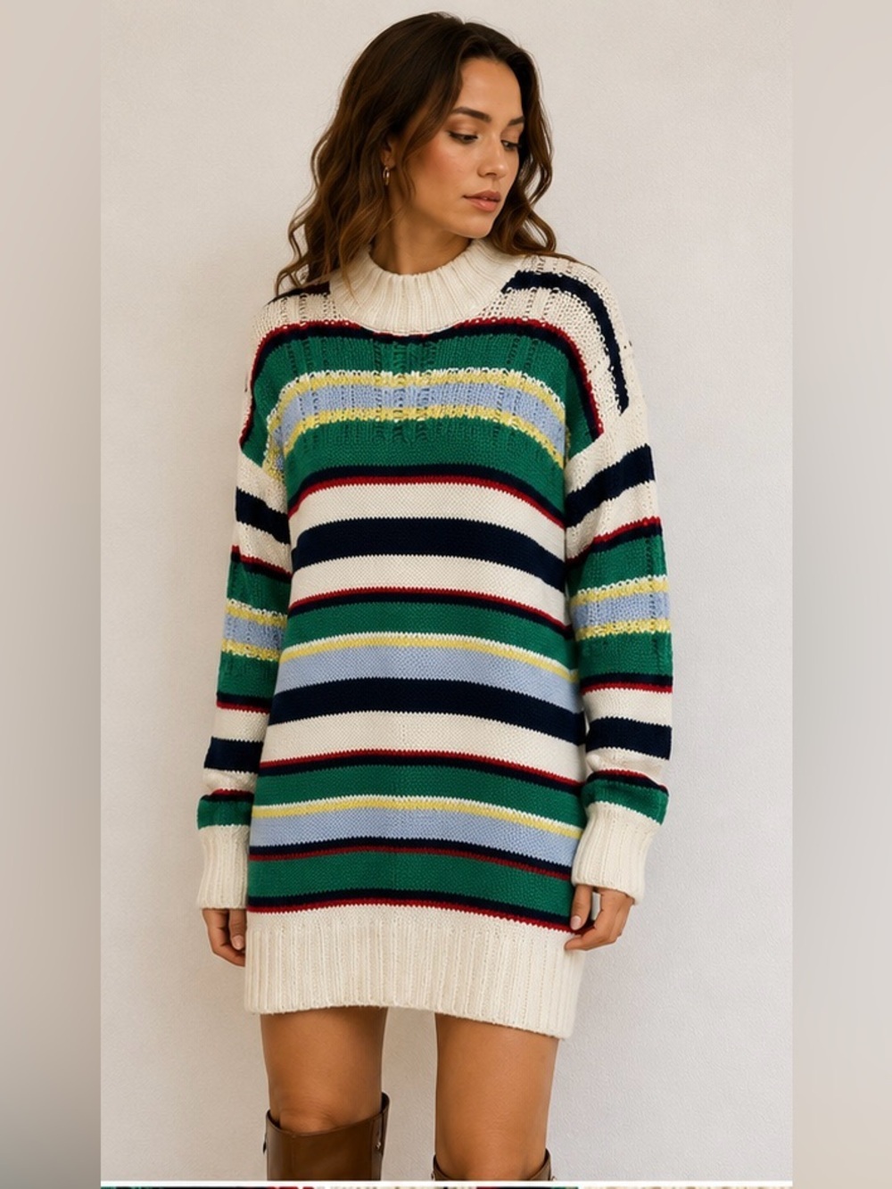NWT - BCBGMaxAzria Cream Striped Sweater Dress with Green, Navy & Red Accents XS